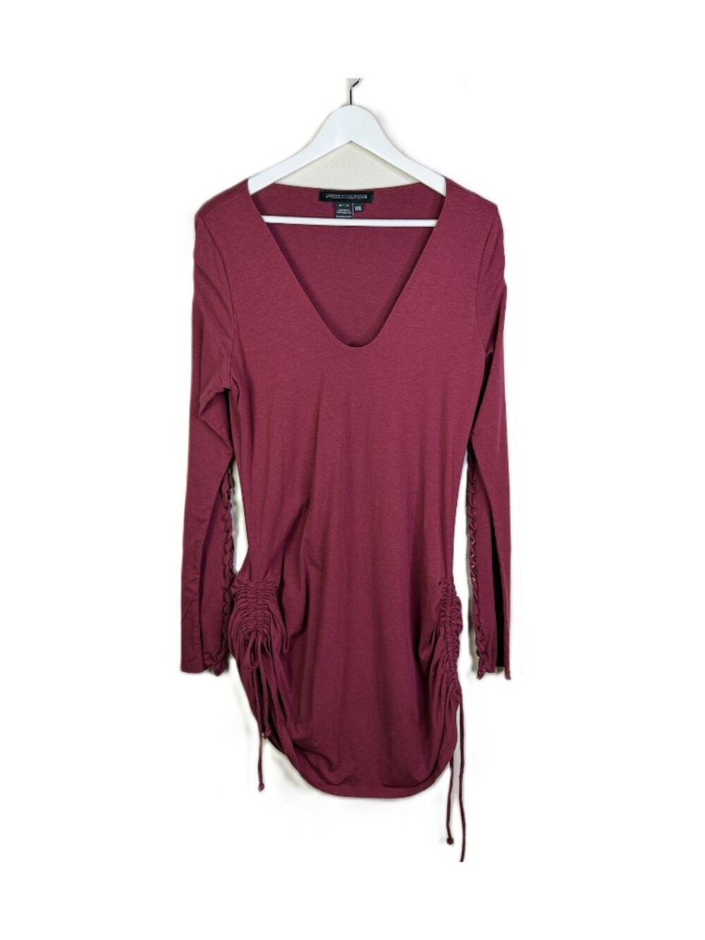 Warrior Within Designs Maroon Long Sleeve V-Neck Mini Dress, Ruched Sides, XXXL